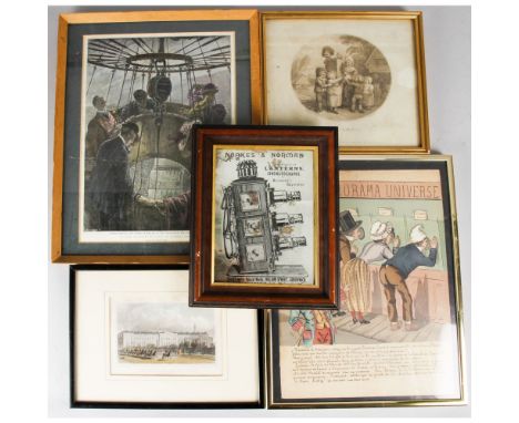 Six Framed and Glazed Prints, including Grand Diorama Universe, a French coloured print of four people looking through peep h