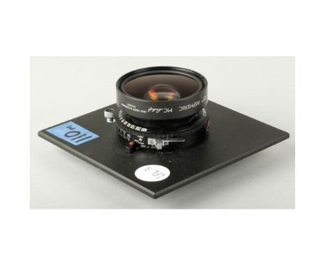 A Schneider Super-Symmar 110mm F5.6 Lens, No 14739593,  XL-105° Aspheric MC Linhof selected, on a Sinar lens board in a Copal