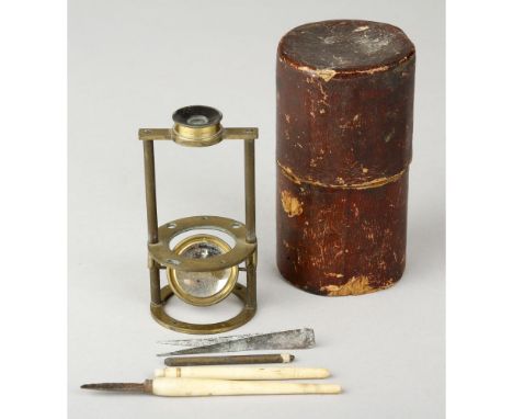 A Thomas Rubergall Withering-type lacquered brass Pocket Botanical Microscope, cylindrical body, with one lens and swivel mir