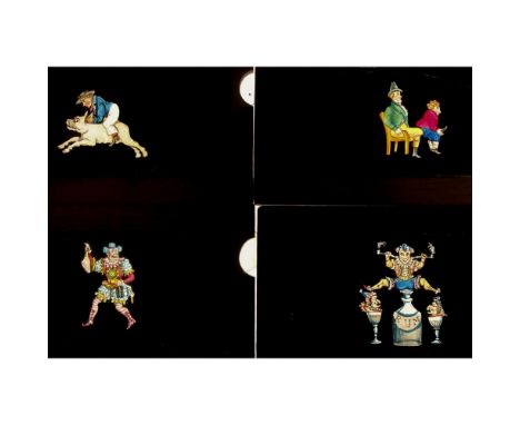 Six Mahogany-mounted Single-Slipper Comic Hand-Coloured Magic Lantern Slides,  of a boy riding a pig, a boy pulling off a boo