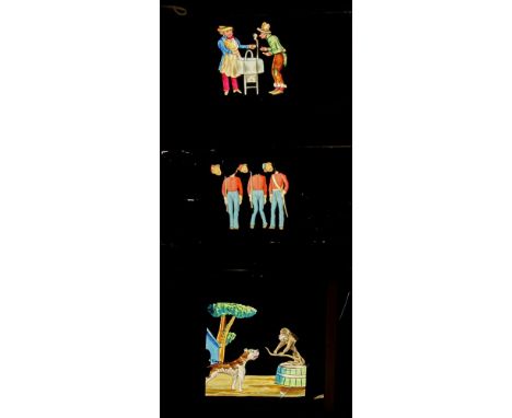 Six Mahogany-mounted Single-Slipper Comic Hand-Coloured Magic Lantern Slides,  of a sailor saluting, monkey teasing a dog, a 