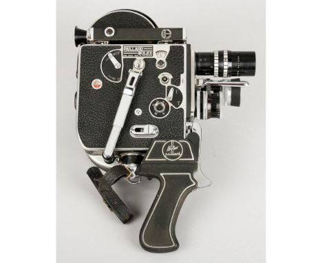 Bolex H16-T Camera, No 161581, body, G-VG, motor running, PC-12 veiwfinder, 16mm Switar, G, 26mm Pizar, G, 3' Dallmeyer, G, l