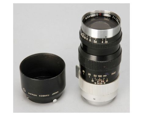 A Nikon Nikkor-Q.C 13.5cm F3.5 Lens, M39 fitting later black version No 272133, body, G, elements G/VG, light cleaning type m