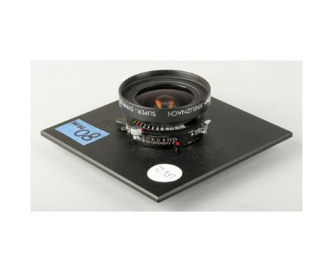 A Schneider Super-Symmar 80mm F4.5 Lens, No 14762188, XL-105° Aspheric MC, on a Sinar lens board in a Copal No 0 shutter, Lin