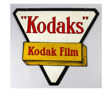 Enamel 'Kodaks 118 Film' Display Sign, double sided triangular style approx 58cm high x 66cm wide, good condition, edges worn
