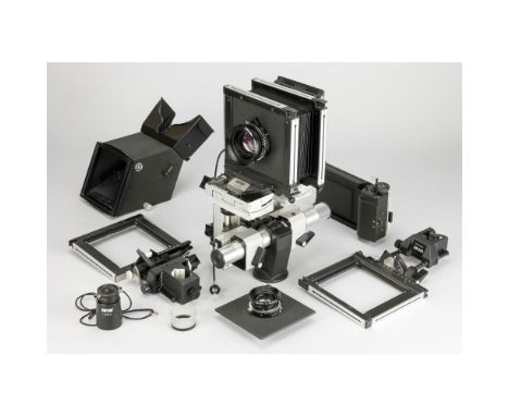 Comprehensive 5x4 Sinar Outfit, a 5x4 'P' camera with bag bellows, extension rail and reflex viewing hood, body, VG, a pair o
