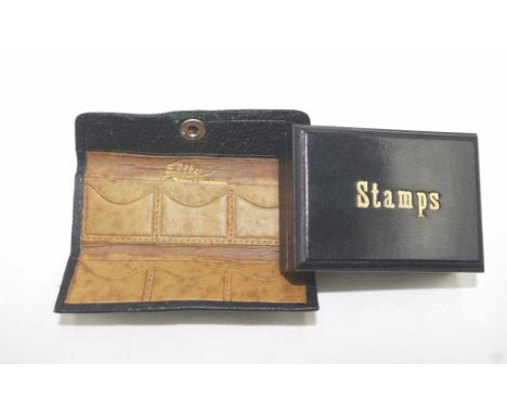 Vintage wooden stamp box together with a leather stamp purse (marked Turner &amp; Henderson)