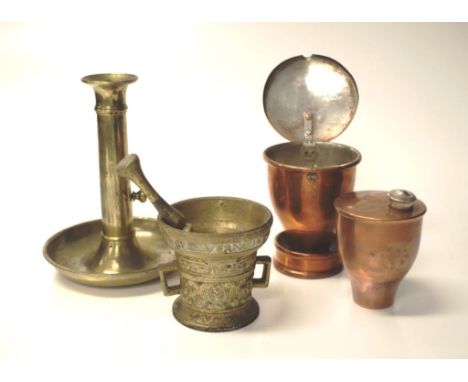 Vintage brass mortar &amp; pestle, antique candlestick and a copper bottle in canister, 11.5cm - 17cm high approx