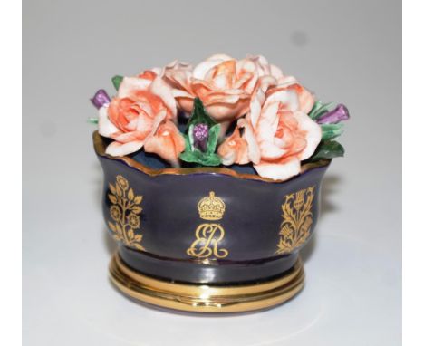 Halcyon Days ceramic bouquet bomboniere applied bouquet decoration, to cobalt blue ceramic bowl, marked 'ER,' with lower lid 