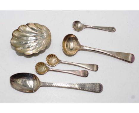 Group vintage sterling silver condiment pieces including: a Georgian mustard spoon, London 1780; a salt spoon Sheffield 1918;