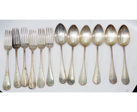 Set vintage Austro-Hungarian silver table cutlery including: set of 6 soup spoons, and a matching set of 6 table forks, (weig