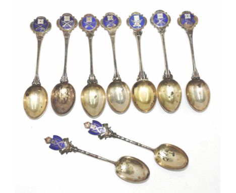 Nine sterling silver &amp; enamel "Rifle" spoons 7 stamped Stg Silver, two with Birmingham hallmarks. 180gms total.