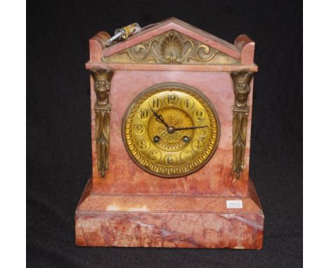 Antique marble cased mantle clock decorative marble case, with brass figural app;lied decoration, key available, (requires se