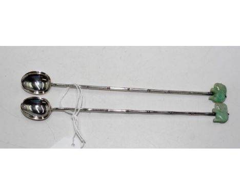 Chinese pair of silver cocktail spoons with jade elephant finials and stamp marks, 18.5cm length approx