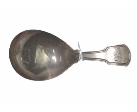 George III sterling silver tea caddy spoon hallmarked for London 1809, maker Josiah Snatt, monogrammed.