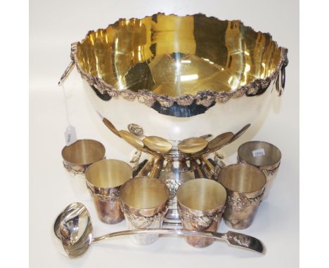 Good Kenson Plate punch bowl &amp; beakers large silver plate punch bowl, with applied grape and vine leaf decoration, dual l