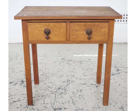 Vintage oak table (top cracked) with 2 drawers, 68cm wide, 42.5cm deep, 68.5cm high approx