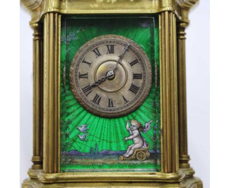 Rare French Carriage clock with guilloche enamel 19th century with strike / alarm / repeat 8 day movement.  Petite Sonnerie. 