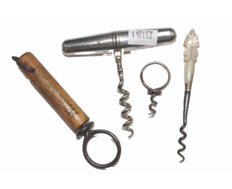 Four various vintage corkscrews to include folding pocket corkscrew, metal ring, perfume corkscrew and a wooden cased corkscr