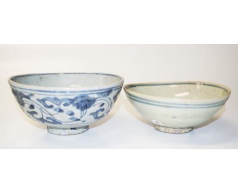 Two antique Chinese blue &amp; white ceramic bowls each with traditional blue and white painted decoration, (diameter 14cm ap