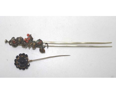 Two vintage hat / hair pins one with coral beads