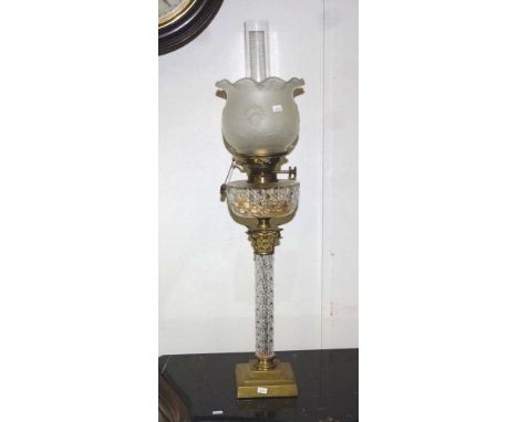 Antique kerosene fuel banquet lamp with cut crystal  column pedestal, and fuel reservoir, with original burner, and decorated