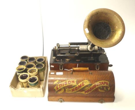 Edison Home Phonograph Type 3 H24474, SN24474, with 4 minutes reproducer (Model K), winder, cover, horn and 10 rolls, case di