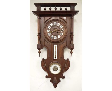 Antique European wall clock with thermometer and barometer, 80cm high, 41cm wide approx, key &amp; pendulum included