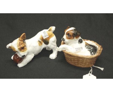 Two Royal Doulton dog figurines comprising HN1103 dog playing with a ball, and HN2587 dog in a basket (cracked), width 10.5cm