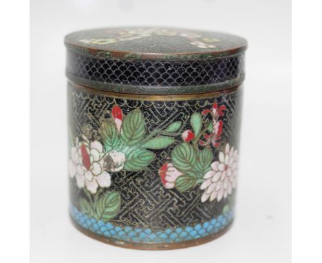 Vintage Chinese lidded cloisonne bowl lid and bowl decorated with cloisonne blossoms, (height 10cm; diameter 9cm approx).
