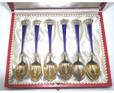 Set of sterling silver gilt &amp; enamel teaspoons marked sterling 925S Denmark, comprising 6 teaspoons in original fitted ca