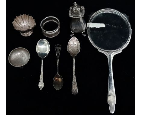 Various silver scrap items, weight 3oz, together with a silver and enamel dressing table mirror (AF).