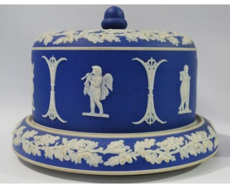 A large late 19th century Jasperware stilton cheese dish in the manner of Wedgwood, having cylindrical lid with acorn finial 