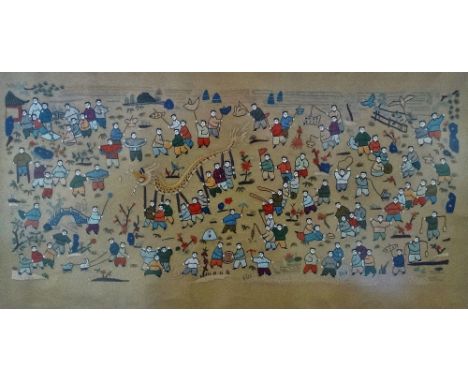 A Chinese silk panel embroidered with numerous figures with kites, lanterns, musical instruments and a model of a dragon, in 