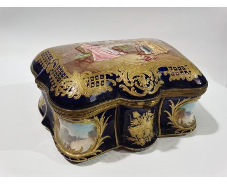 A good 19th century Sevres casket, the hinged lid with a finely gilded cartouche of two ladies and a child in a drawing room,