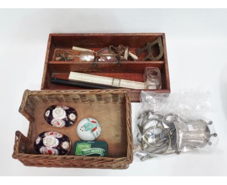 A 19th century mahogany cutlery tray, together with a slide rule, an ebony rolling rule, a small quantity of silver plated cu