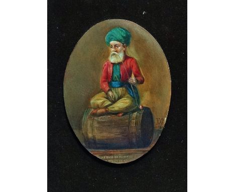 Rebus of Morton, A Moor On A Tun, oil on panel, monogrammed XXX and dated 1899, framed, panel 18.5 x 14cm. 