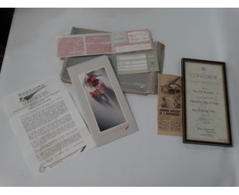 Concorde - A collection of Concorde related ephemera, including a flight certificate ticket and two menus. 