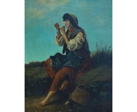 RICHUTIZ? 19th Century Italian School A seated gypsy girl lighting her pipe Oil on canvas Framed 66 x 53cm