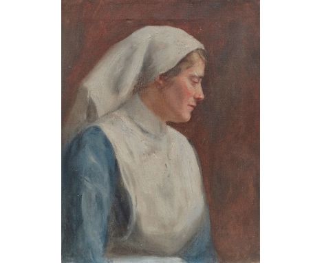 A portrait of a young nurse, oil on canvas, signed DL 1912, 46 x 36cm. 