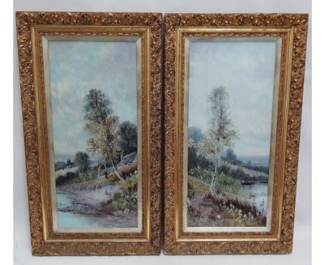 A pair of oil on panel river landscapes signed J. Hall, framed and glazed, 80 x 35cm. 
