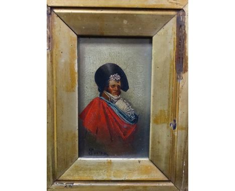 A mid 19th century oil on panel portrait of Napoleon, signed Perez, in walnut veneered frame, picture size 12.5 x 7.5cm, over