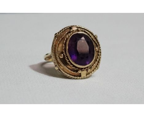 A 9ct gold and amethyst ring, size I.