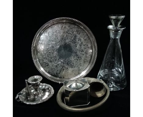 A circa 2000 silver mounted carafe, together with three silver plated items and an early 20th century vehicle horn. 