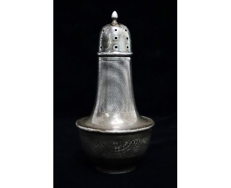 An early 20th century silver sugar sifter, Patent No.325841, with engine turned body, weight 4.9oz approximately, height 16cm