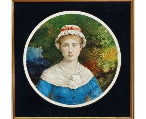 A late 19th century circular pottery wall plaque, painted with a portrait of a young lady in a blue dress, inscribed to rever