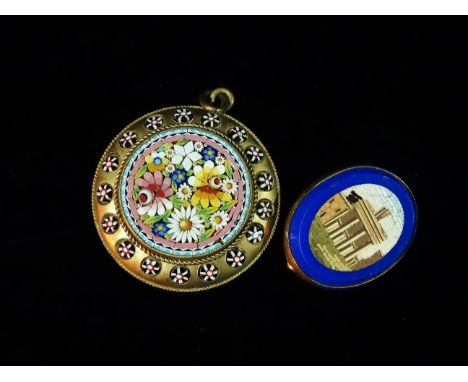 An Italian micromosaic and yellow metal mounted pendant decorated with a four pillar classical building, height 2.5cm, togeth