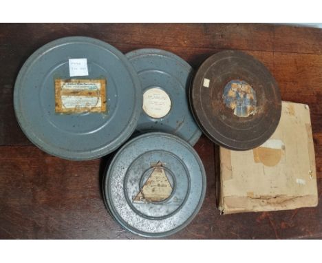 Five 8mm cine film reels, including 'Dunlop Time Spot', 'Salute The Victory', 'American Anniversary', 'Trawler Boy' and 'The 