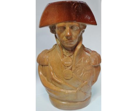 Admiral Lord Nelson, a salt glazed stoneware portrait jug, probably Doulton &amp; Watts Lambeth Pottery, c. 1840, of half len