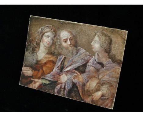 An early 19th century Dutch style painting on ivory panel, depicting three figures in conversation, 13 x 17.8cm.